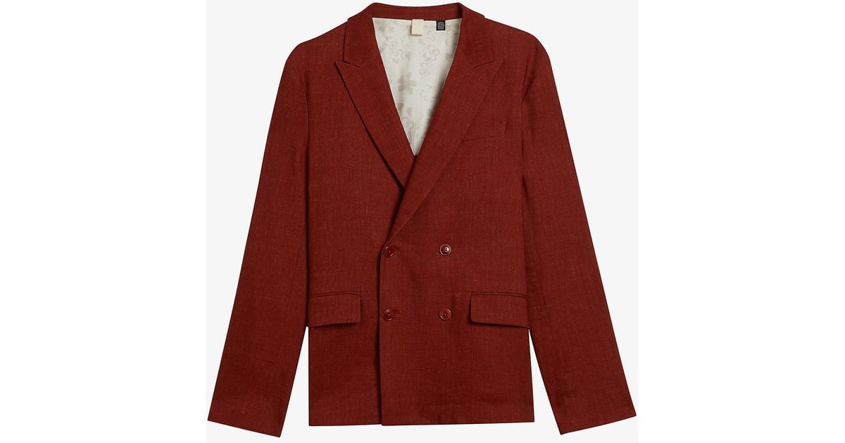 Ted Baker Shutton Double-breasted Wool And Linen-blend Blazer in Burnt ...
