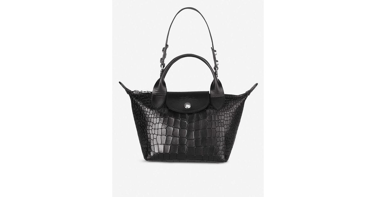 Longchamp Le Pliage Cuir Mini Croc-embossed Leather Top-handle Bag in Black