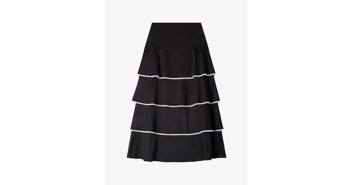 Sandro Ruffled Rhinestone-Trim Cotton Maxi Skirt in Black | Lyst