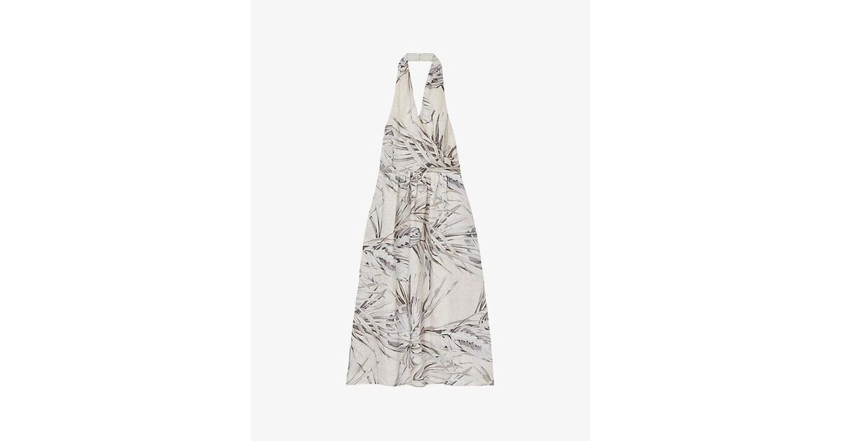 Reiss Carla Palm-Print Linen Midi Dress in White | Lyst UK