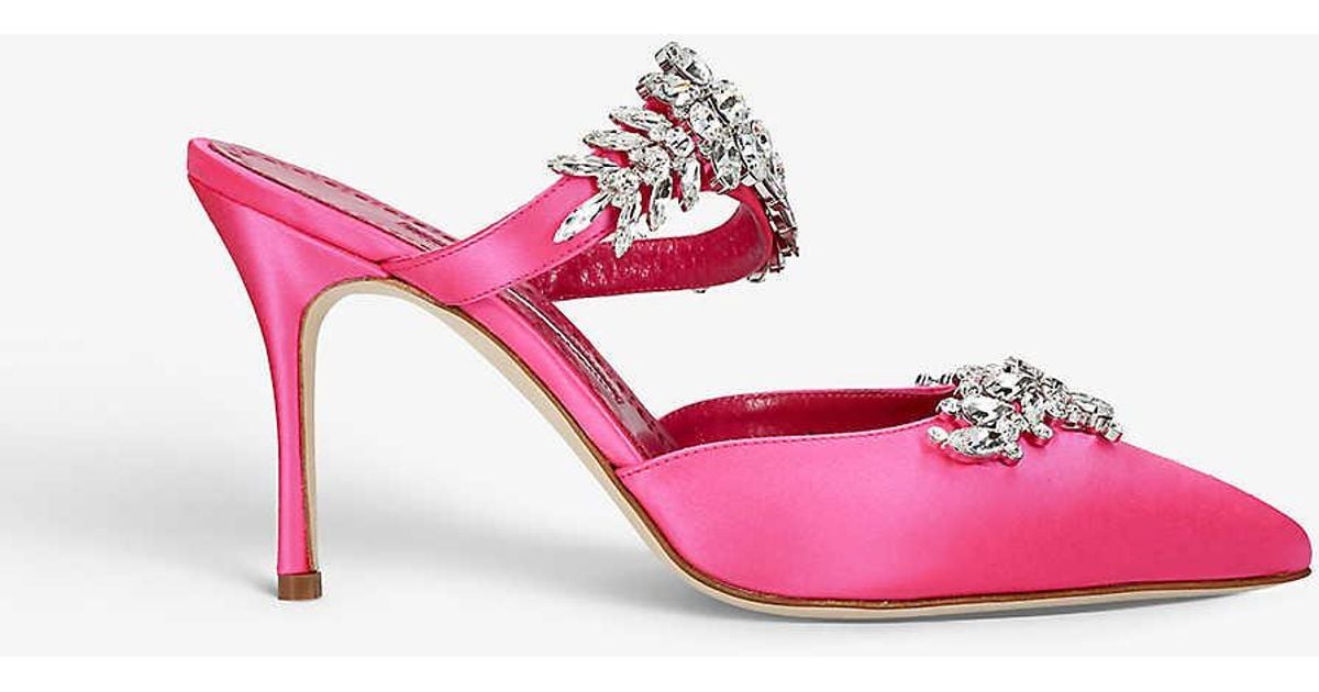 Manolo Blahnik Lurum Crystal-embellished Satin Heeled Mules in Pink | Lyst