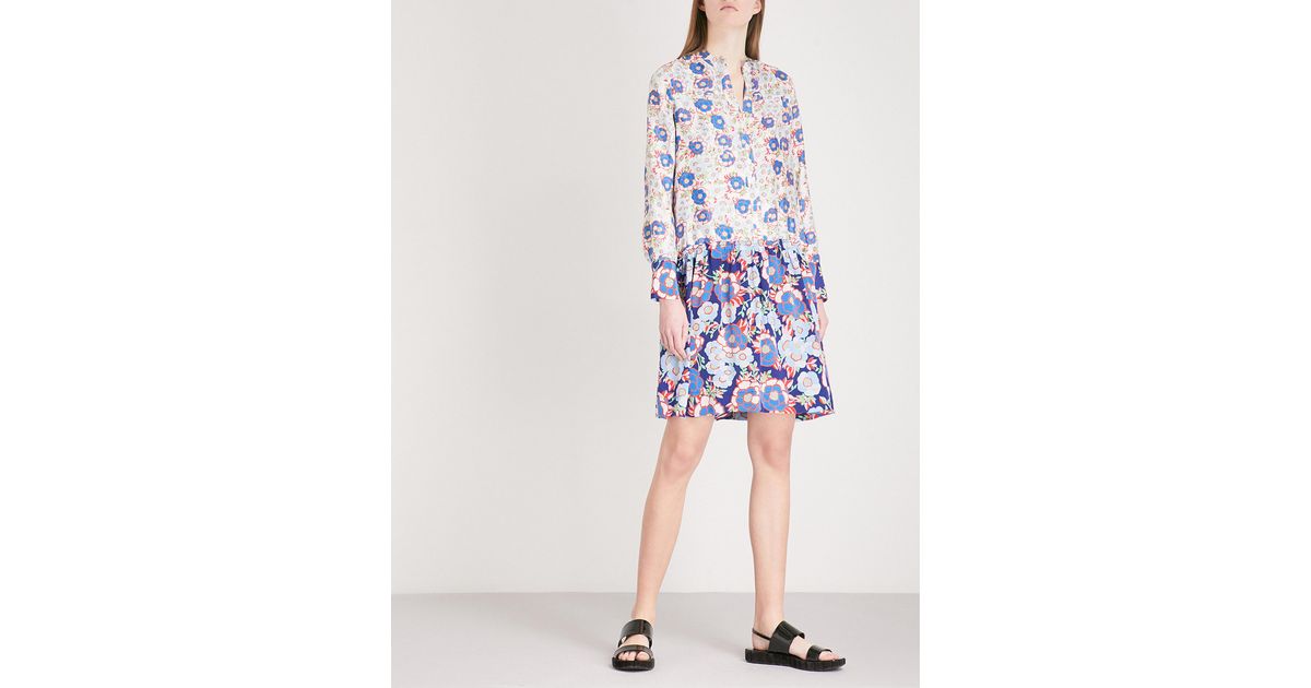 Sandro Dropped Waist All-over Print Silk Dress in Blue | Lyst