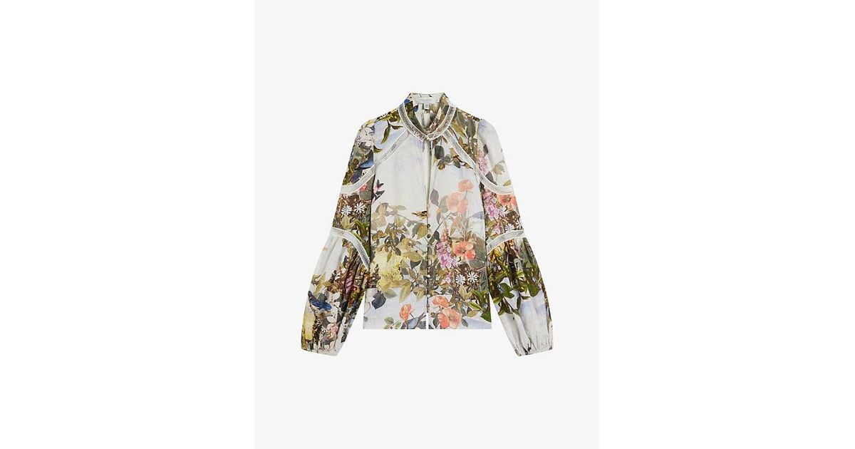 Ted Baker Luuciaa High-neck Floral-print Linen Blouse in White | Lyst