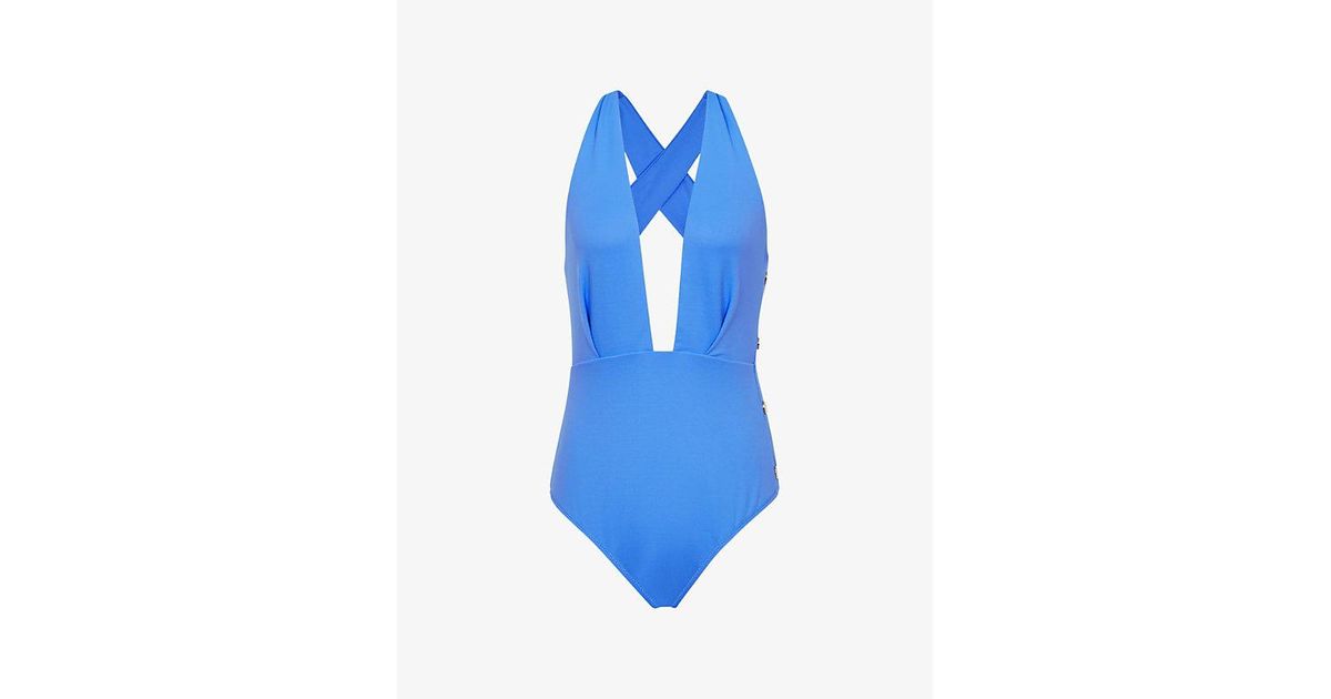 Reiss Orla Plunge-neck Swimsuit in Blue | Lyst