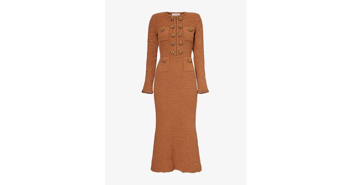 Self-Portrait Sequin Textured Knitted Midi Dress in Brown | Lyst