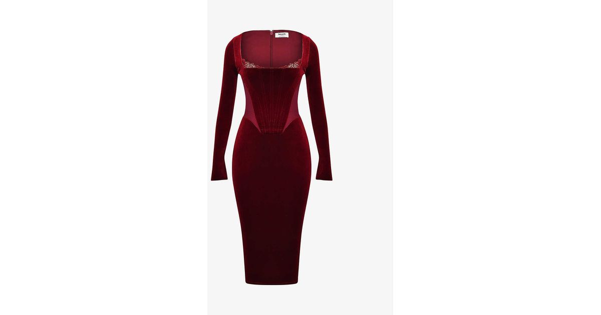 House Of Cb Solaine Lacetrimmed Corsetstyle Stretchvelvet Midi Dress