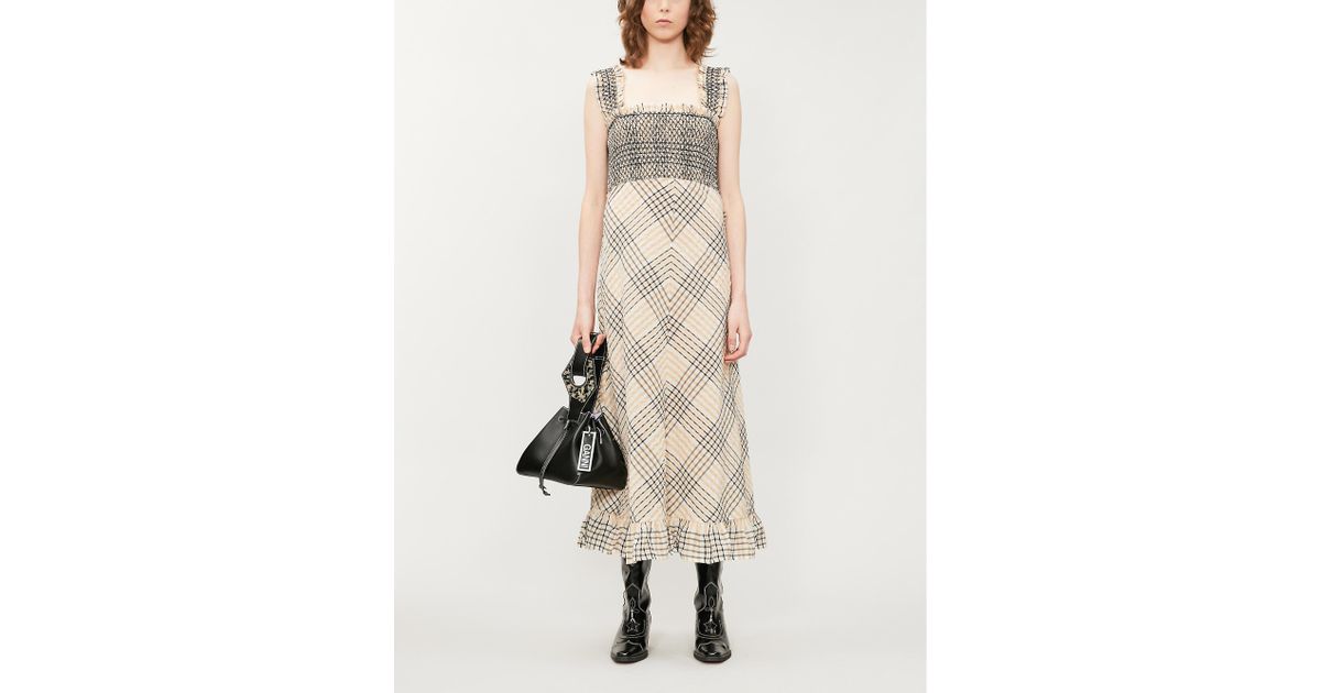 Ganni Checked Shirred-bodice Seersucker Midi Dress in Natural | Lyst UK