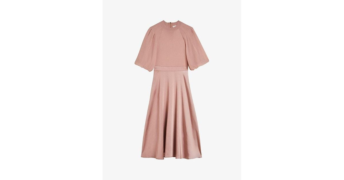 Ted Baker Brontei Puff-sleeve Fitted-bodice Woven Midi Dress in Pink | Lyst