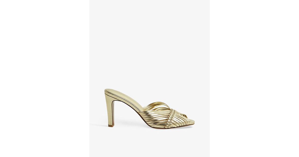 Reiss Imogen Strappy Woven Heeled Leather Mules in Metallic | Lyst
