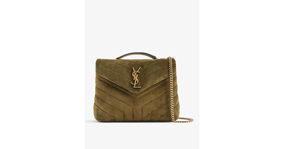 Saint Laurent Loulou Chevron-stitched Suede Cross-body Bag in Green | Lyst