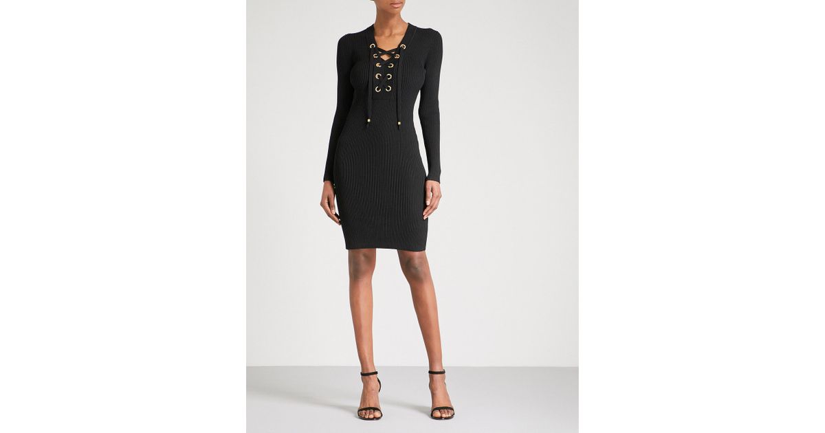 MICHAEL Michael Kors Lace-up Ribbed-knit Dress in Black | Lyst