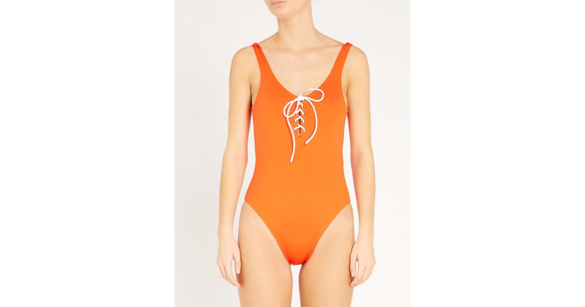 orange lace up swimsuit