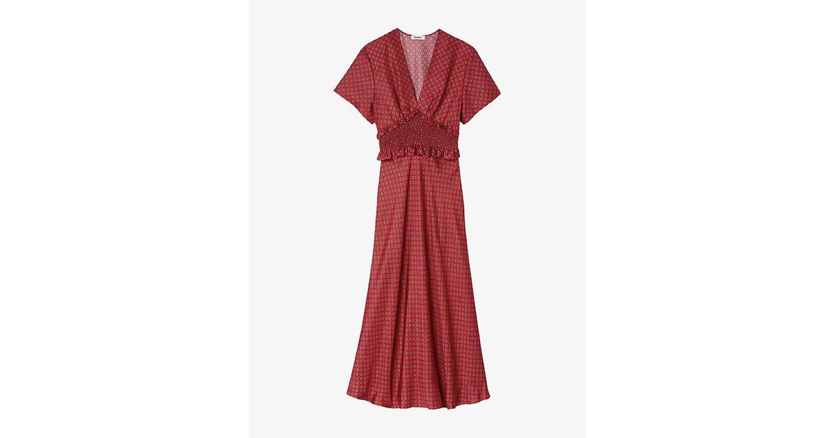 Sandro Scarf-Print V-Neck Woven Maxi Dress in Red | Lyst UK