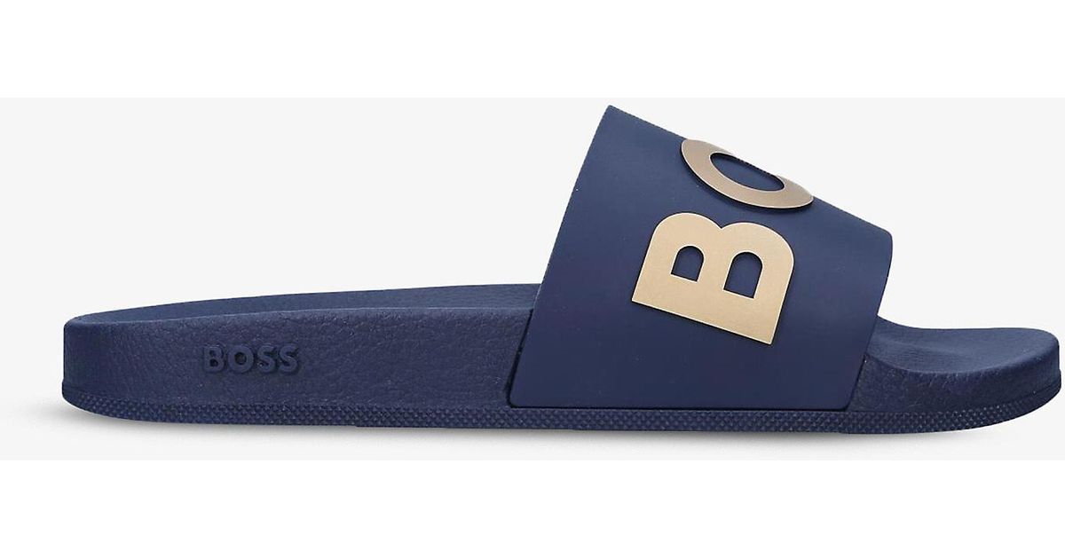 BOSS by HUGO BOSS Bay Logo-print Rubber Sliders in Navy (Blue) | Lyst UK