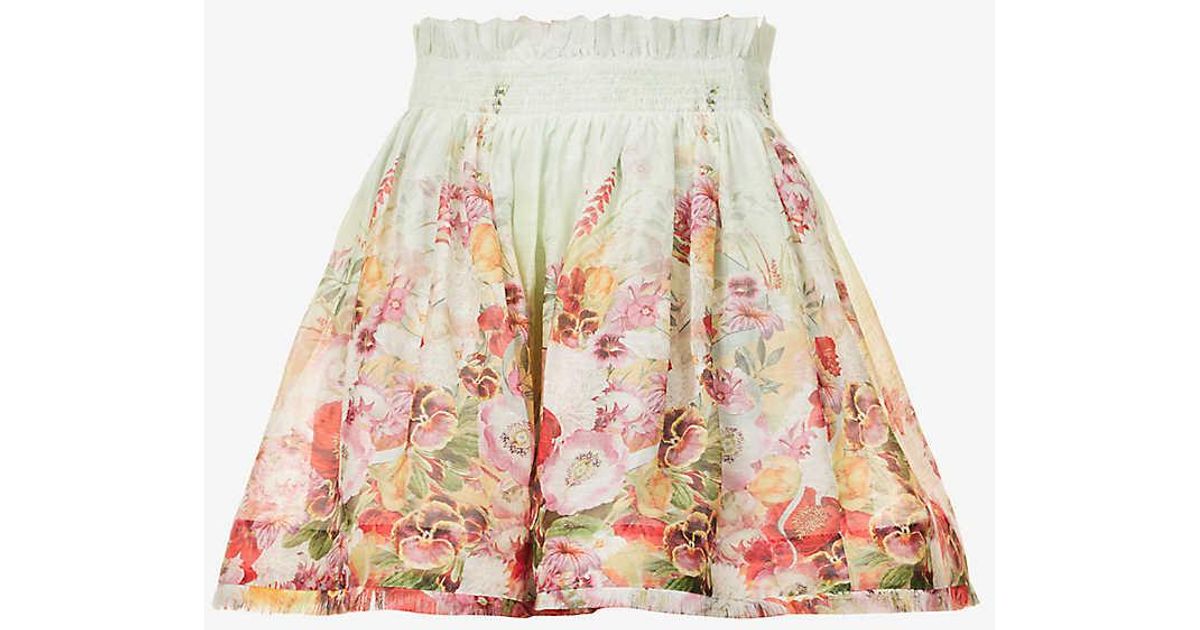 Zimmermann Wonderland Floral-print Silk-linen Blend Mini Skirt in White ...