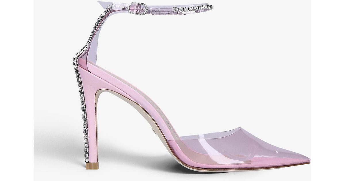 Stuart Weitzman Leather Glam 100 Strap Crystal-embellished Pvc Heeled Courts in Pale Pink (Pink 