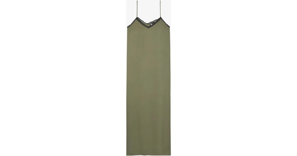 The Kooples Lace-trim Satin Slip Midi Dress in Green | Lyst
