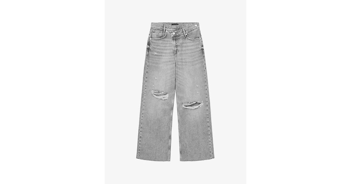 AllSaints Aki Crossover Wide-Leg Mid-Rise Jeans in Gray | Lyst
