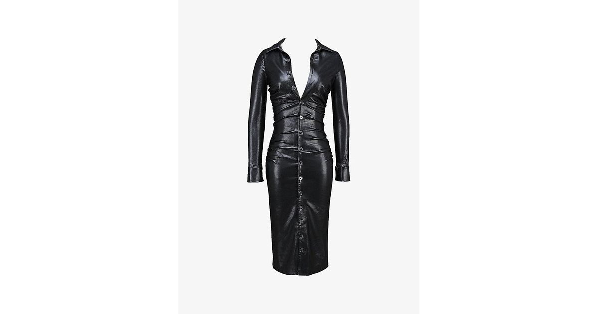 House Of Cb Viola Open-Collar Button-Down Faux-Leather Midi Dress in Black  | Lyst