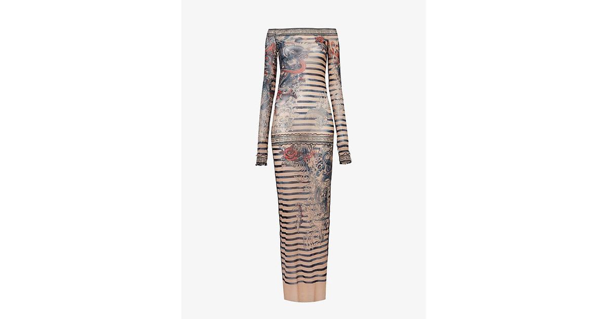 Jean Paul Gaultier Women Ribbed Mariniere Short Dress With Mesh Layer
