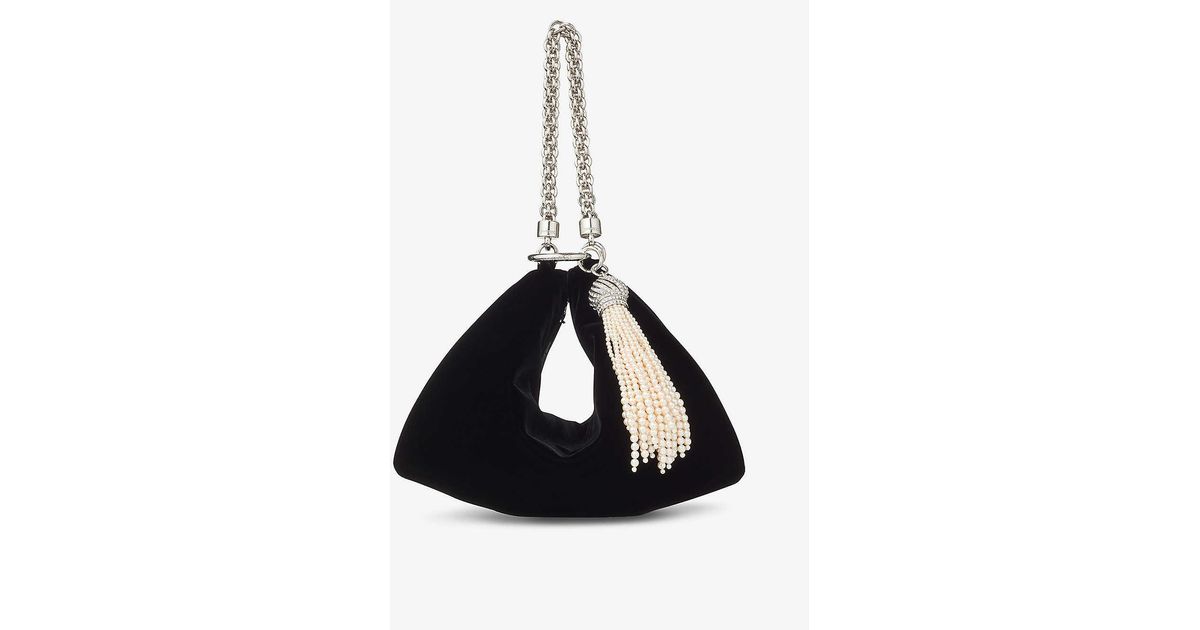 Jimmy Choo Womens Black Callie Faux pearl Tassel Velvet Clutch Bag