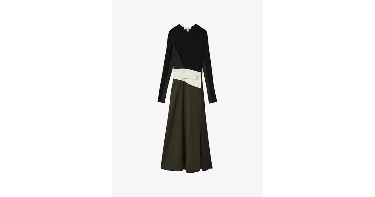 Reiss Emilina Rib-Knit Panelled Belted Midi Dress in Black