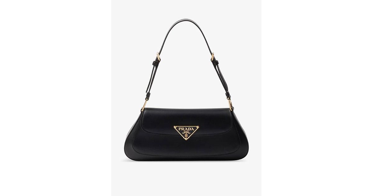 Prada Enameled Metal Triangle-Logo Leather Shoulder Bag in Black | Lyst