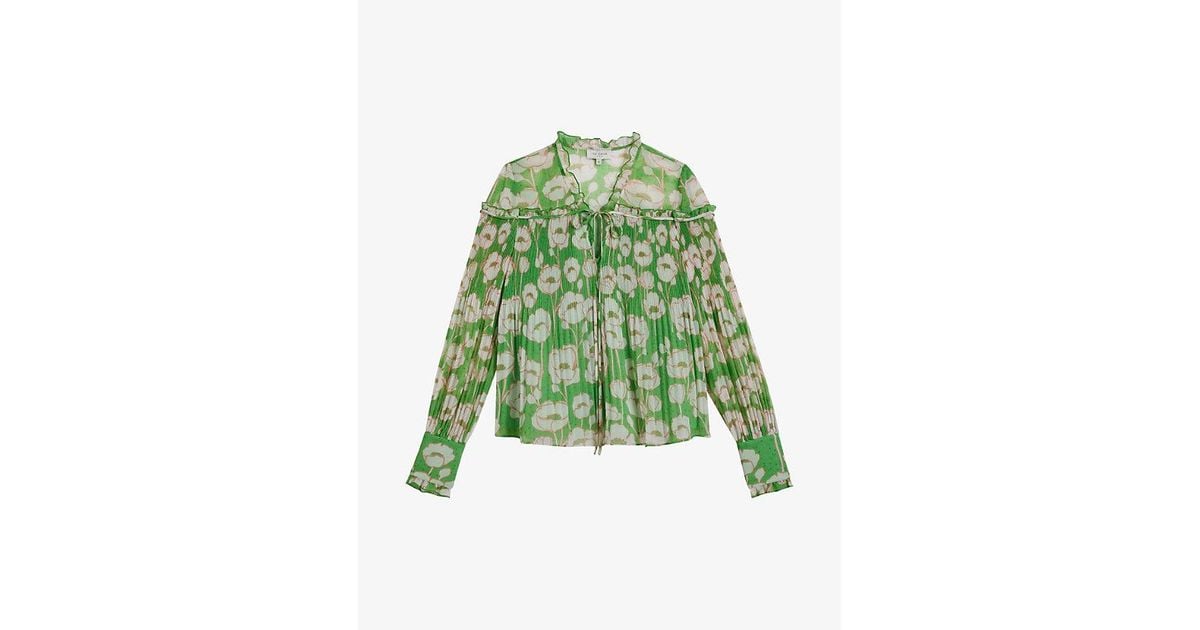 Ted Baker Floral-print Pleated Woven Top in Green | Lyst