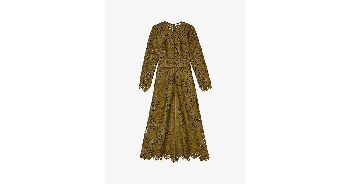 LK Bennett Gracie Velvet-Trim Lace-Embroidered Woven Midi Dress in Green |  Lyst UK