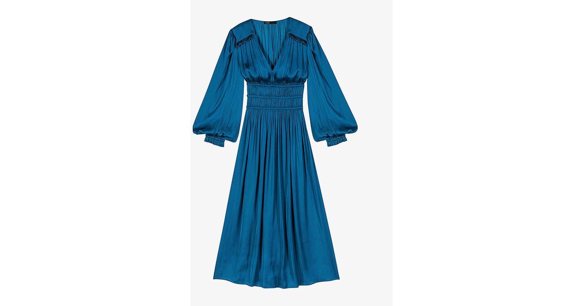 Maje Riannette Balloon-sleeved V-neck Satin Midi Dress in Blue | Lyst UK