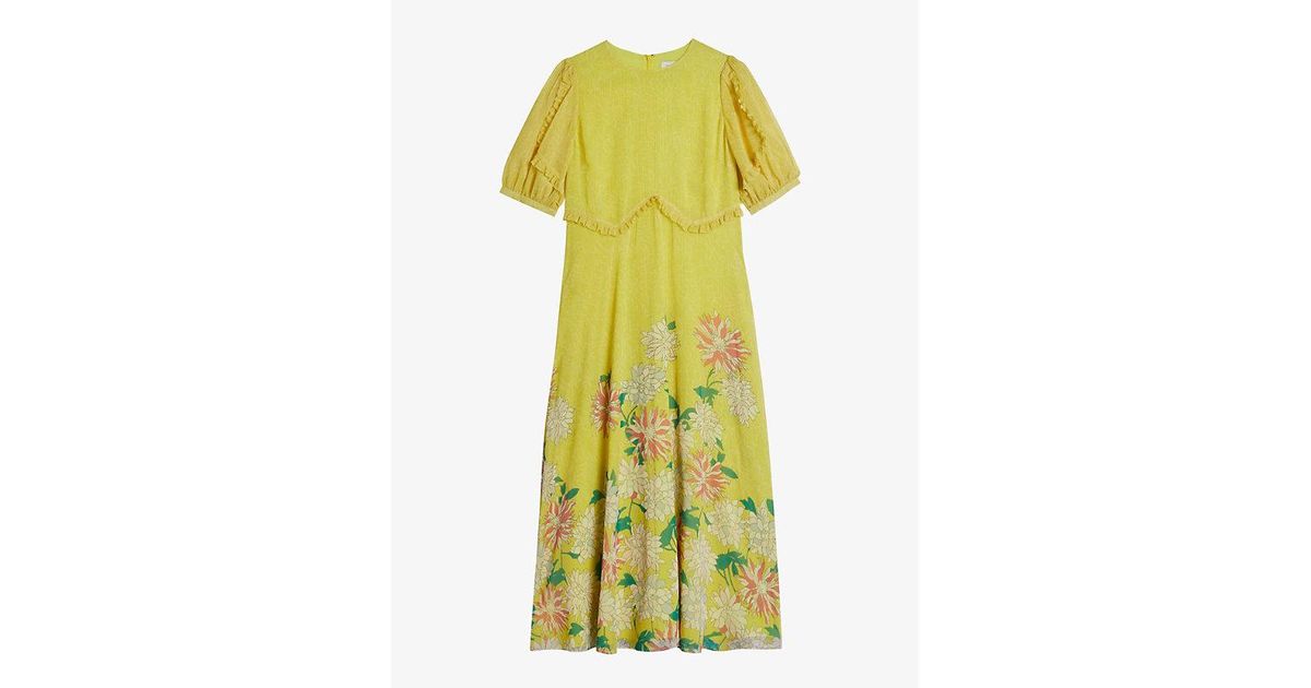 Ted Baker Carinnn Puff-sleeve Floral-print Woven Midi Dress in Yellow ...