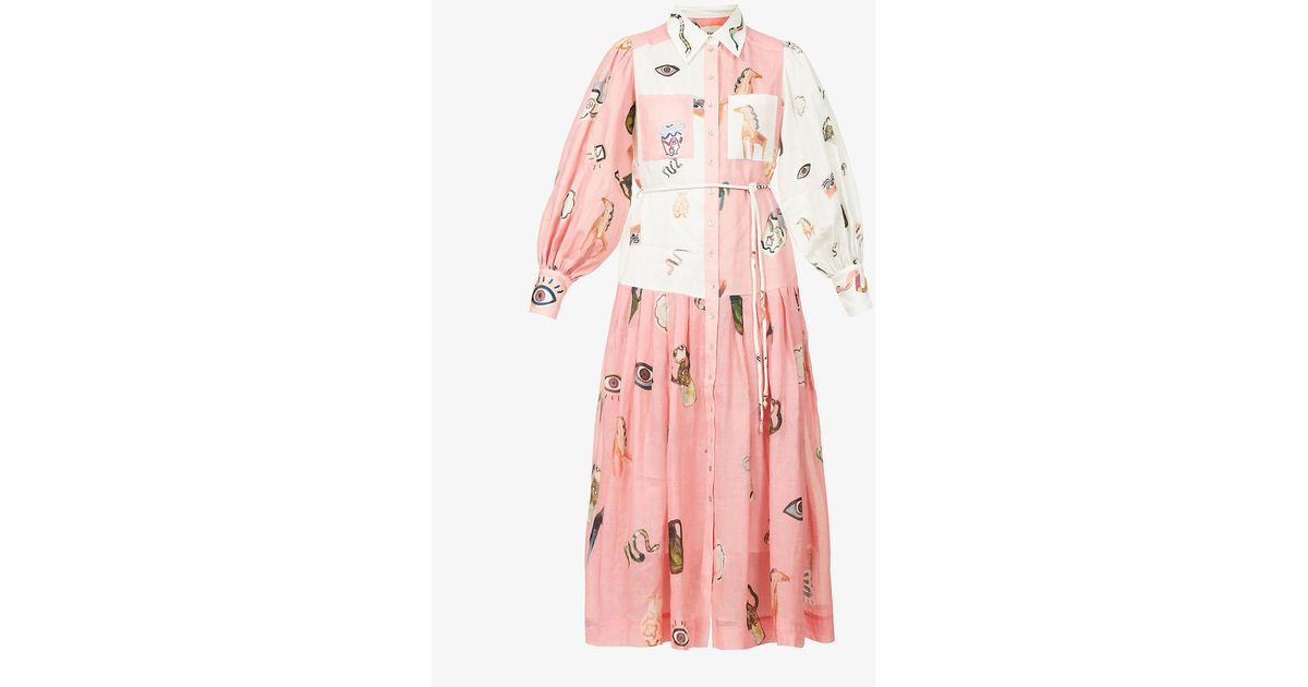 ALÃMAIS Cleo Graphic-print Linen Midi Dress in Pink | Lyst Canada