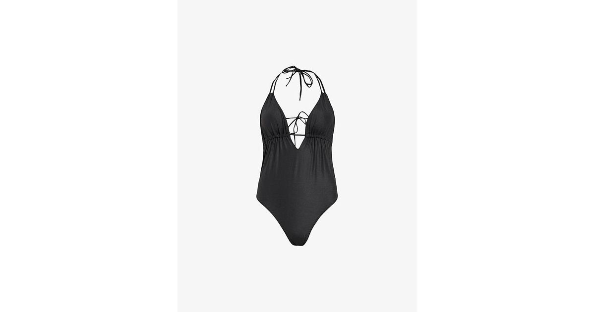 AllSaints Erica Cut-out Halter-neck Stretch-woven Swimsuit in Black | Lyst