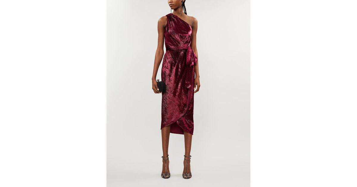 Ted Baker Abinaa One - Shoulder Draped Metallic Velvet Dress in Red | Lyst  UK