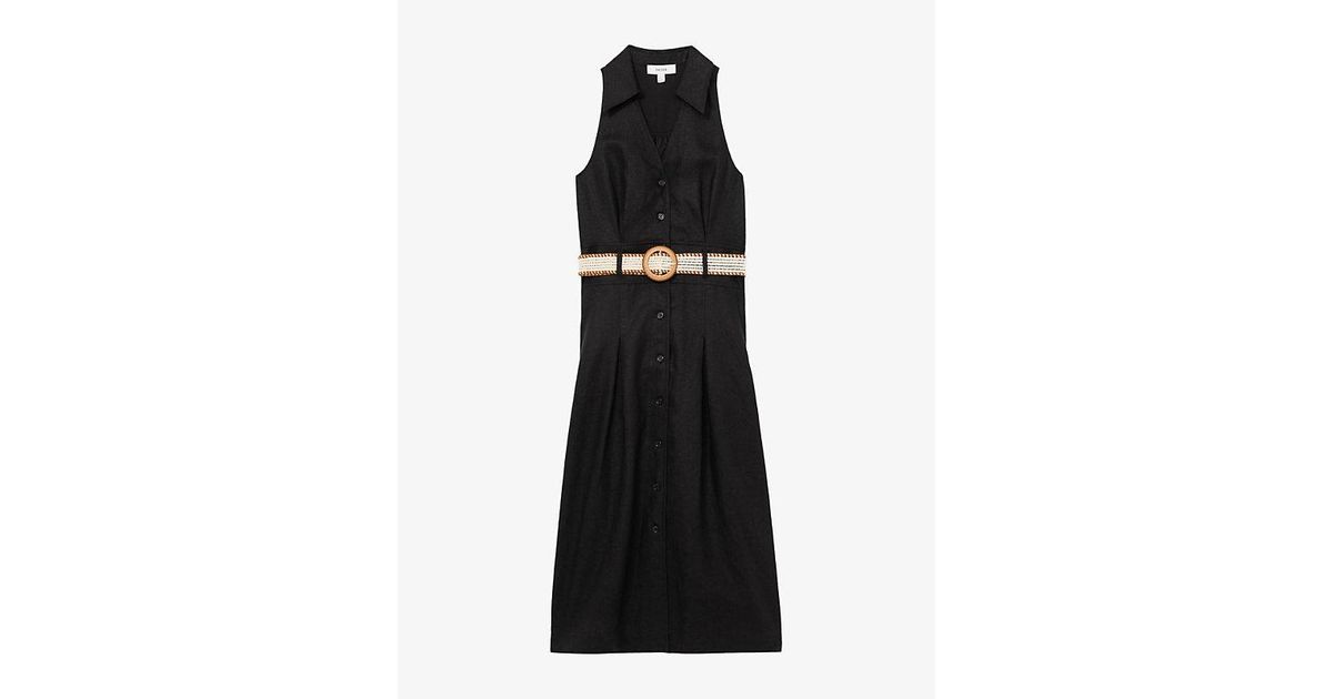 Reiss Annie Belted Sleeveless Linen Midi Dress in Black