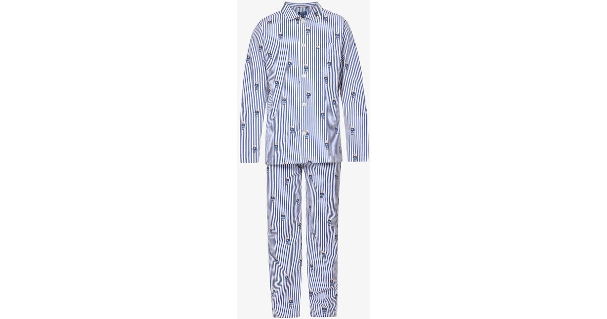 Polo Ralph Lauren Polo Bearprint Striped Cotton Pyjama Set in Blue for
