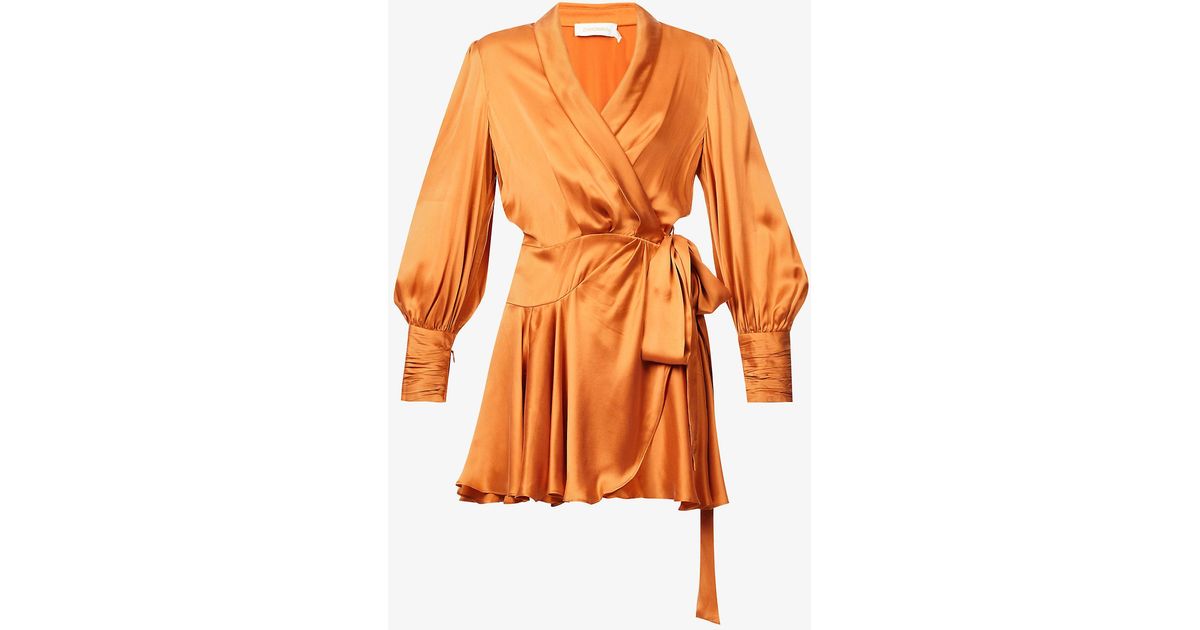 Zimmermann Plunge-neck Wrap-over Silk Mini Dress in Tangerine (Orange