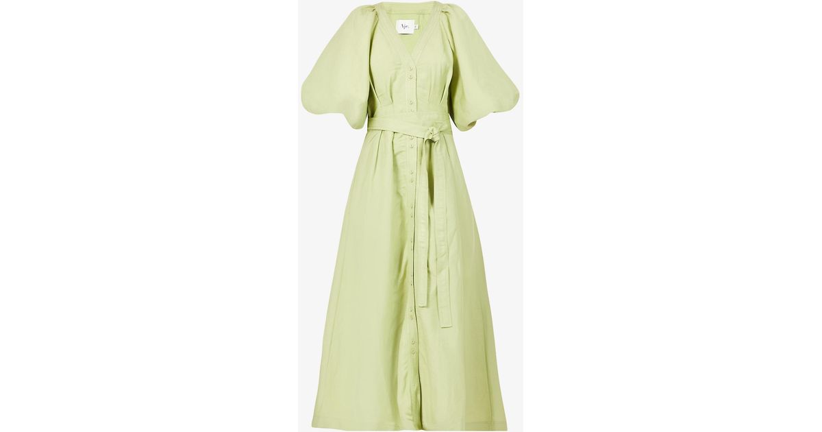 Aje. Evermore Puff-sleeve Linen-blend Midi Dress in Green | Lyst