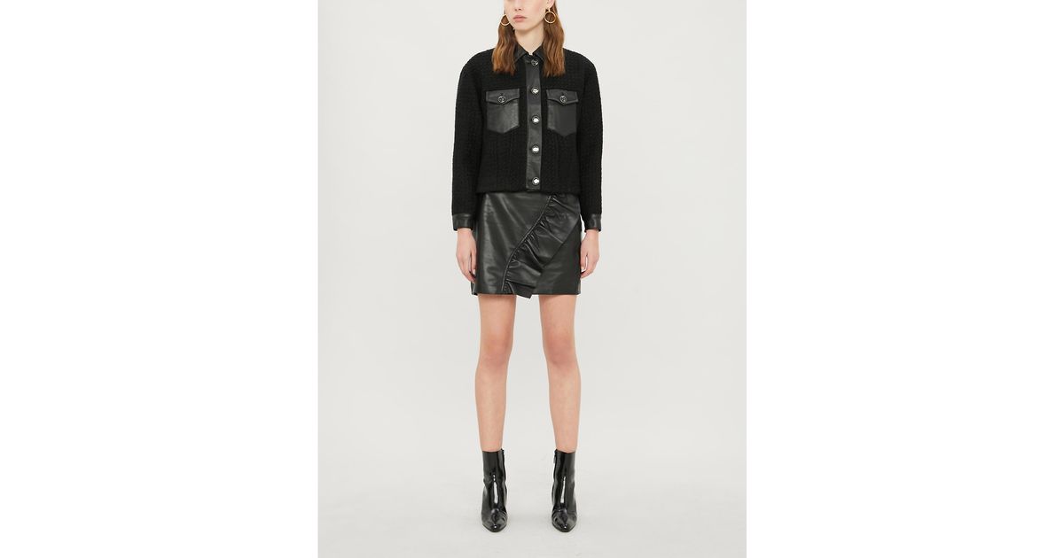 Sandro Cropped Leather-trim Boucle Jacket in Black