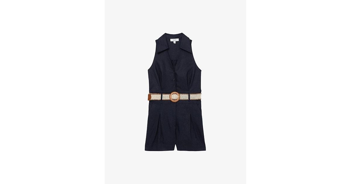Reiss Anjie Sleeveless Linen Playsuit in Blue | Lyst