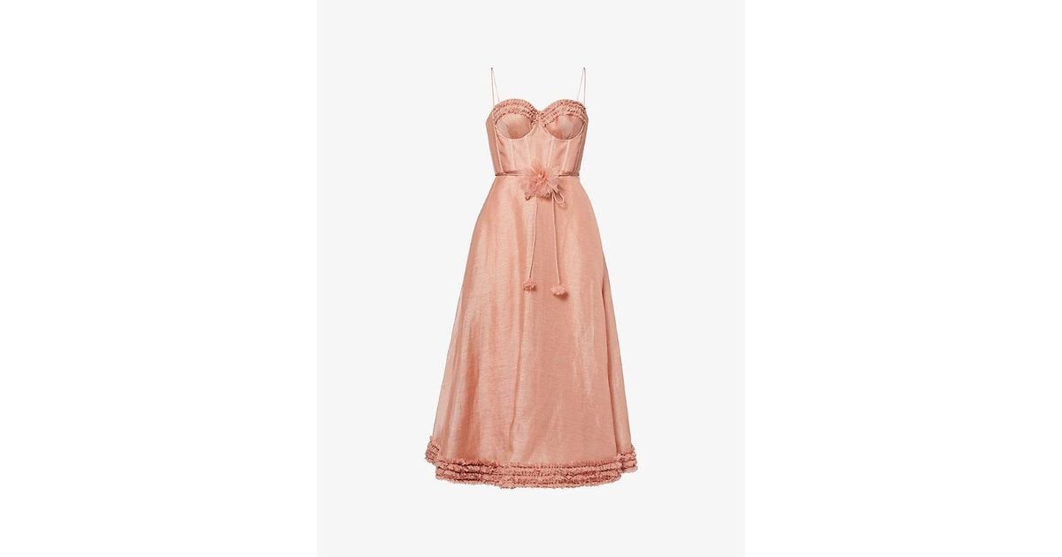 Zimmermann Luna Ruffle Linen-Silk Midi Dress in Pink | Lyst UK