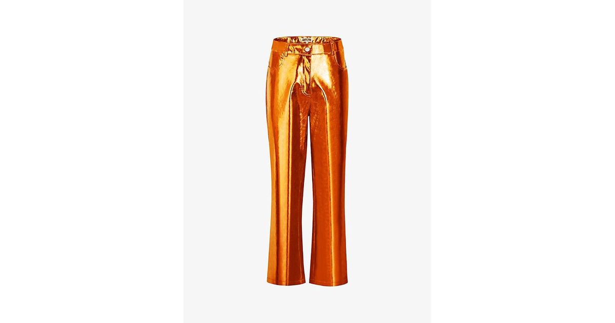 Amy Lynn Lupe Metallic High Rise Straight Leg Faux Leather Trouser In Orange Lyst