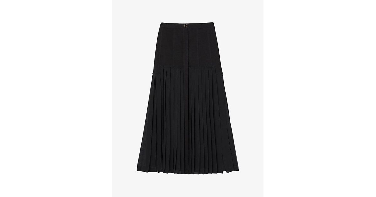 Sandro Grami High-rise Pleated Woven Midi Skirt in Black | Lyst