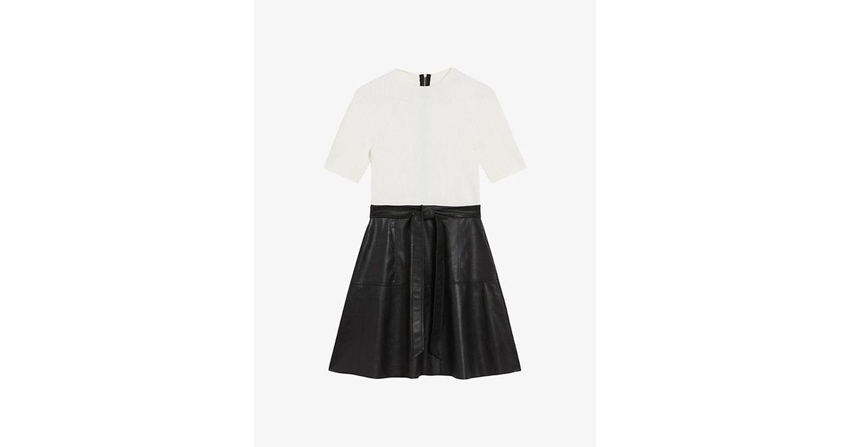 Ted Baker Oliyia Contrast-skirt Woven And Faux-leather Mini Dress in White  | Lyst