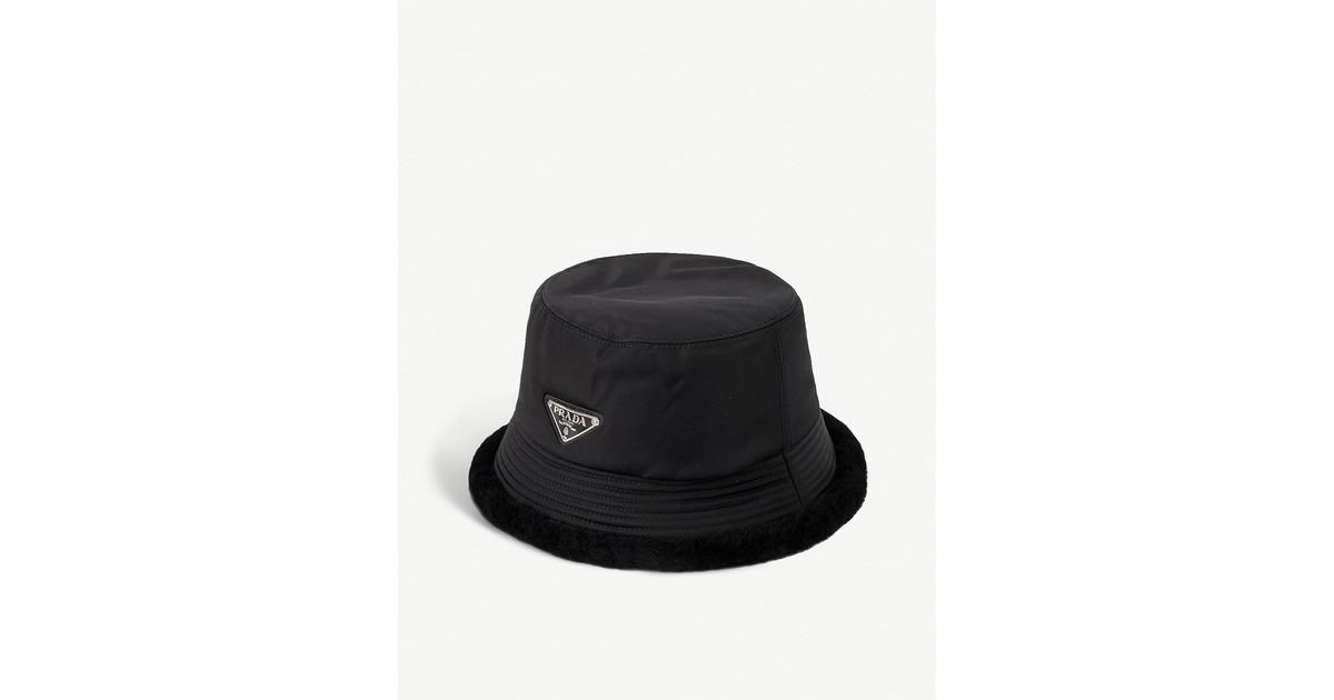 Prada Faux Furtrimmed Logoplaque Nylon Bucket Hat in Black for Men Lyst