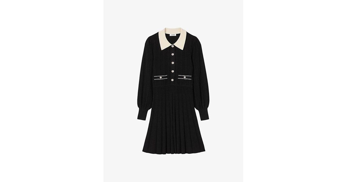 Sandro Lison Pleated-Skirt Knitted Dress in Black | Lyst UK