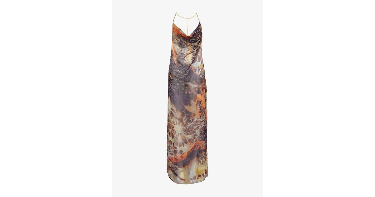 Jaded London Dahlia Cowl-Neck Beaded Woven Midi Dress in Brown