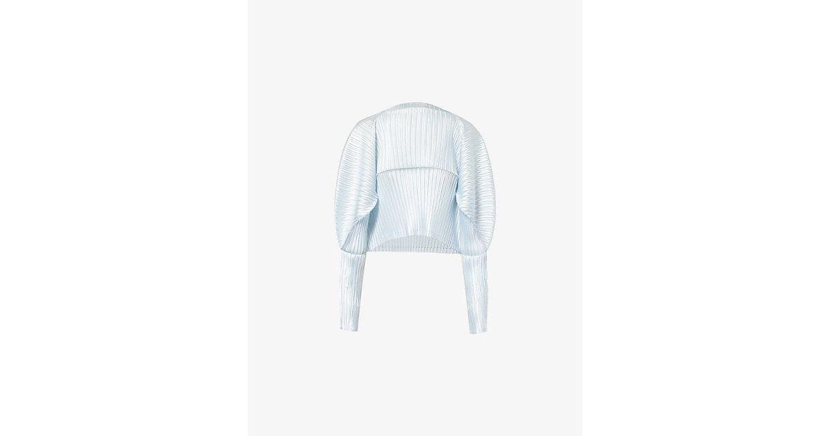 Issey Miyake Glossed Metal Pleats Long-Sleeves Knitted Top in Blue 