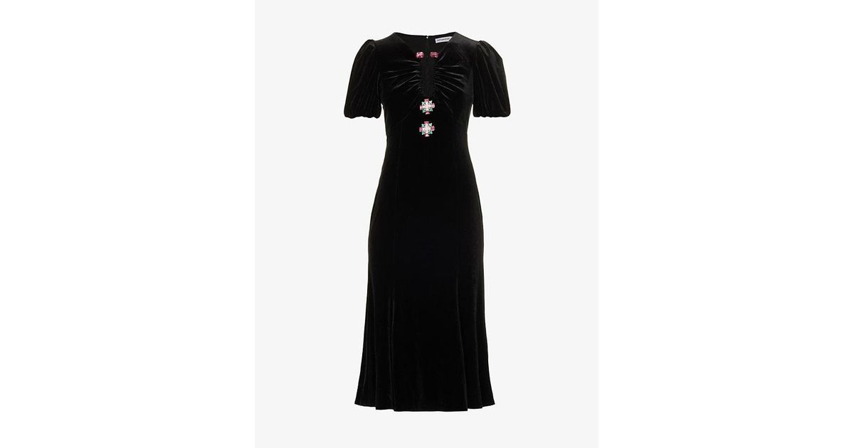Black Silk Velvet Crystal Embellished Midi Dress