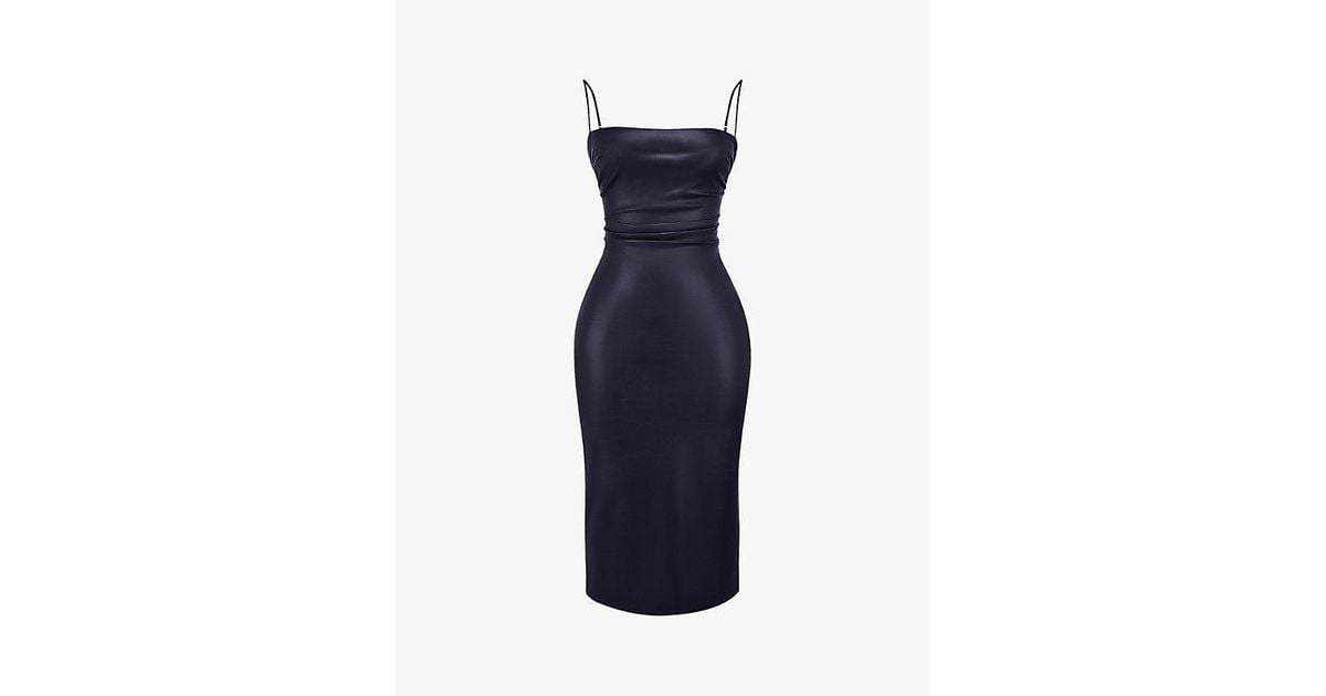 House Of Cb Jalena Square-Neckline Faux-Leather Midi Dress in Blue | Lyst
